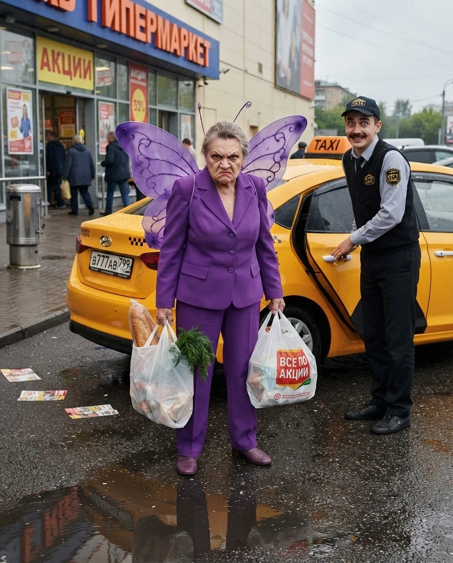 A humorous scene in the style of photorealism, a documentary with a slight comedic hyperbolization. In the center of the frame is an elderly woman embodying the image of a…