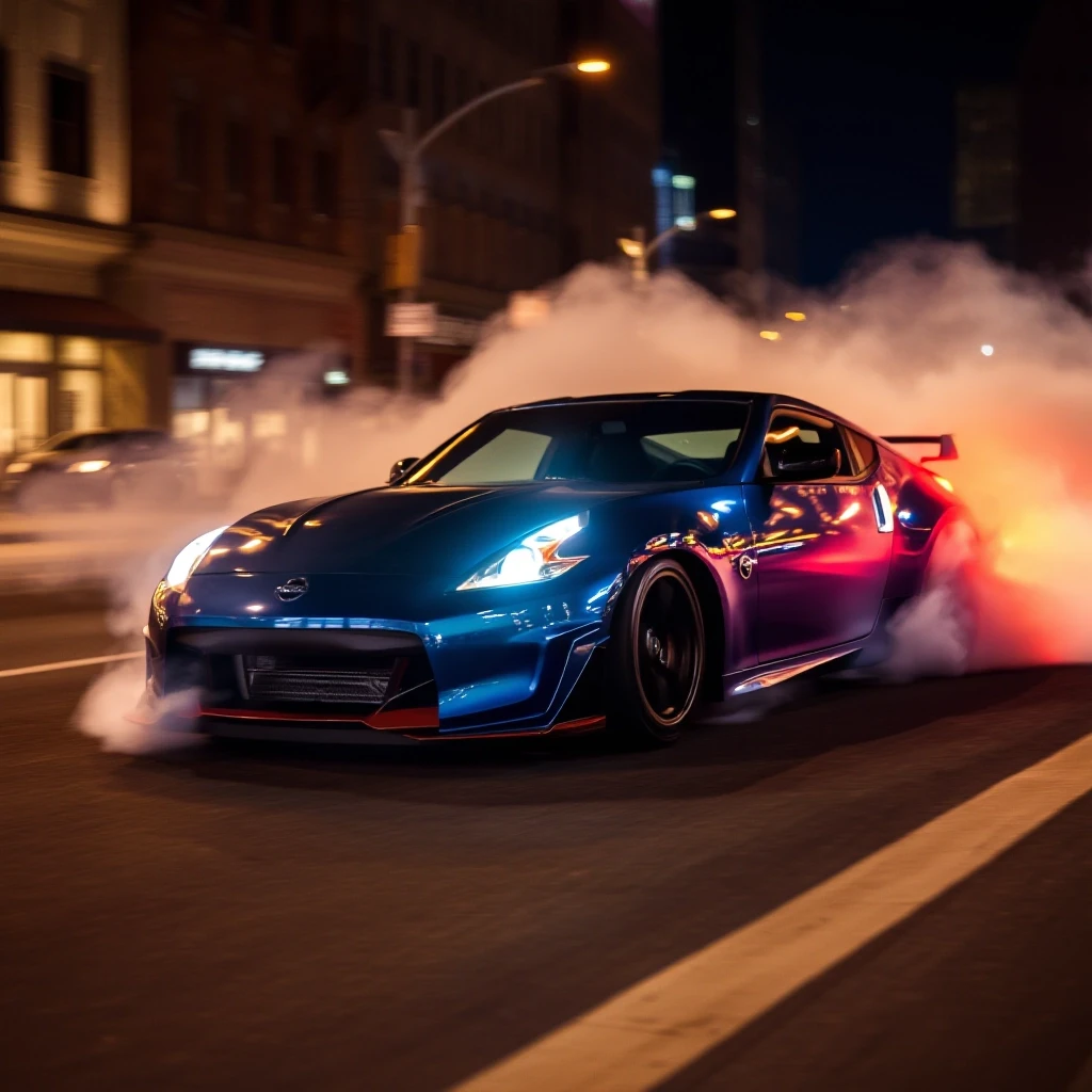 Nissan 370z делает бернаут на главной улице в ночном городе, тормоза раскалились, из колес идет дым — работа пользователя Быстрая Симметрия