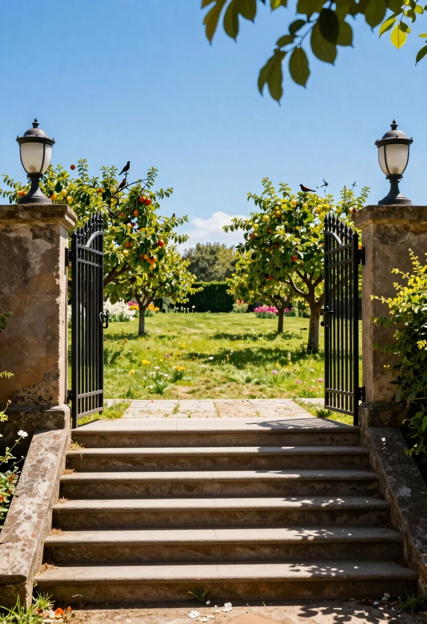 The staircase goes up, into the distance. At the top, the staircase leads to a light, wrought-iron gate. Beyond the gate is a sunny meadow, a blue sky, fruit trees, birds, and…