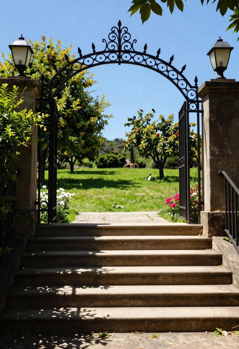 The staircase goes up, into the distance. At the top, the staircase leads to a light, wrought-iron gate. Beyond the gate is a sunny meadow, a blue sky, fruit trees, birds, and…
