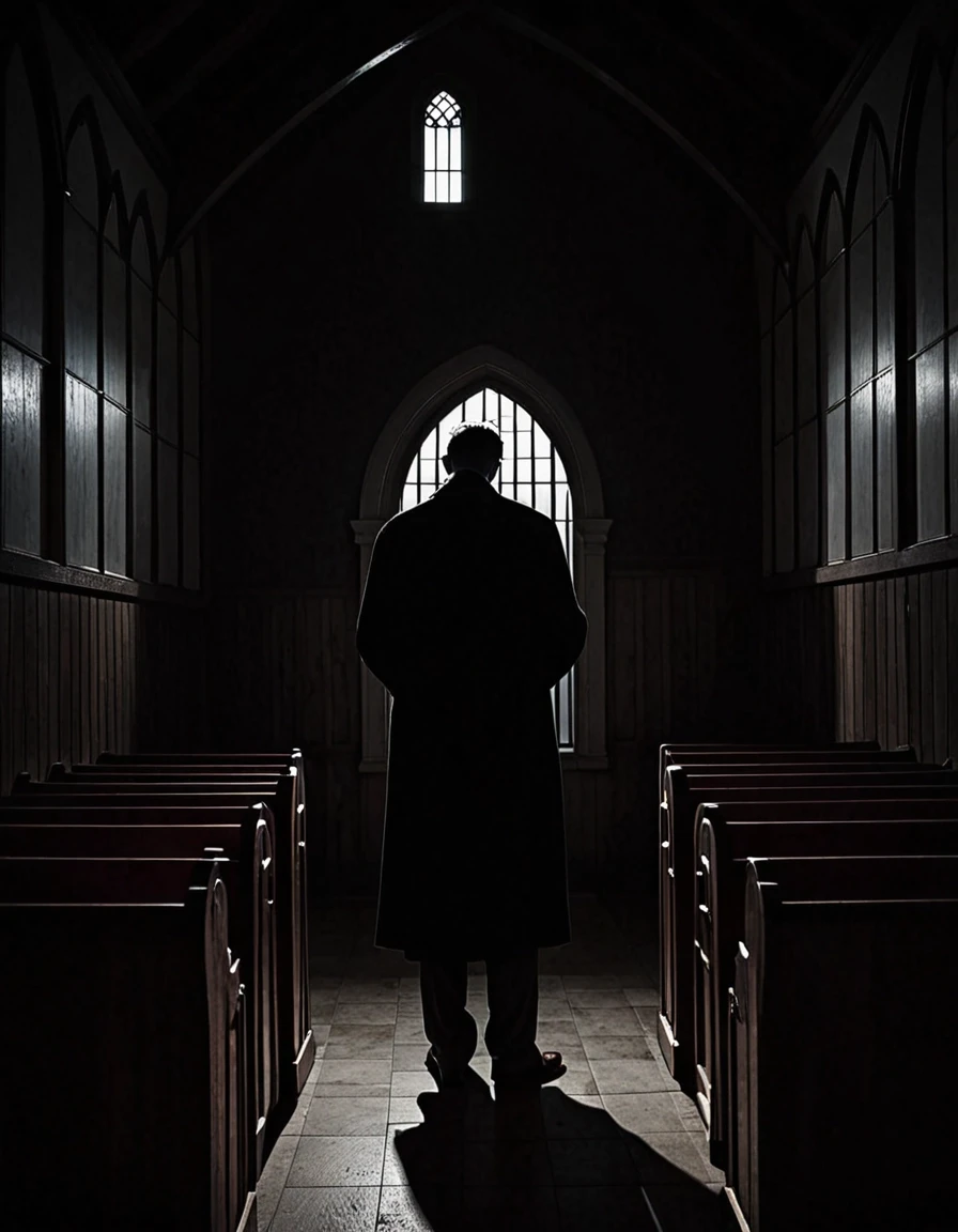 A nearly empty church at night, dimly lit and filled with shadows. Inside a wooden confessional sits a mysterious man in his forties wearing a long dark coat. Half of his face…