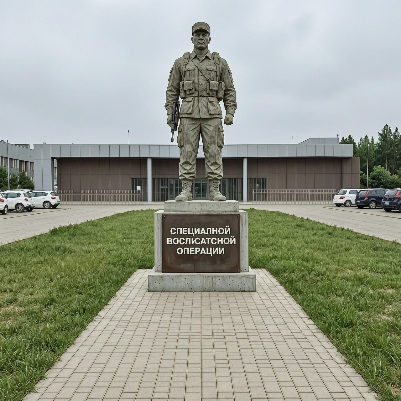 Фотореалистичный кадр: памятник в честь специальной военной операции стоит как входная группа перед территорией, перед памятником дорожка из плитки, сам памятник выполнен из…