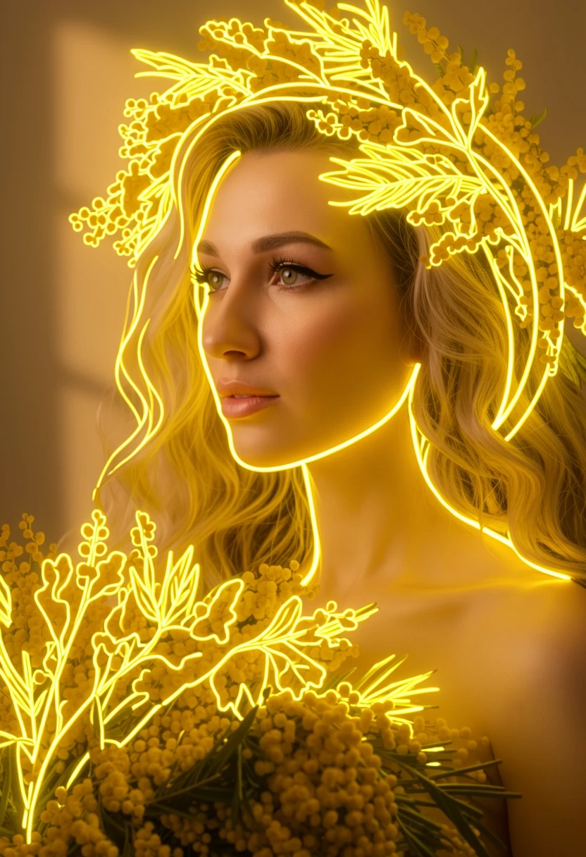 Detailed photo of the girl, with a few minimal 8mm yellow LED neon lines running smoothly strictly along the contours of the mimosa flower wreath and bouquet. Continuous long…