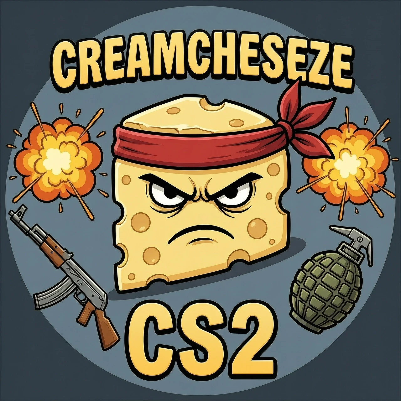 Создай мне аватарку для steam, на которой будет надпись creamcheesze, сам сливочный сыр с злым лицом, красной повязкой, надпись CS2, рисунок AK-47 , взрывные гранаты и бомба —…