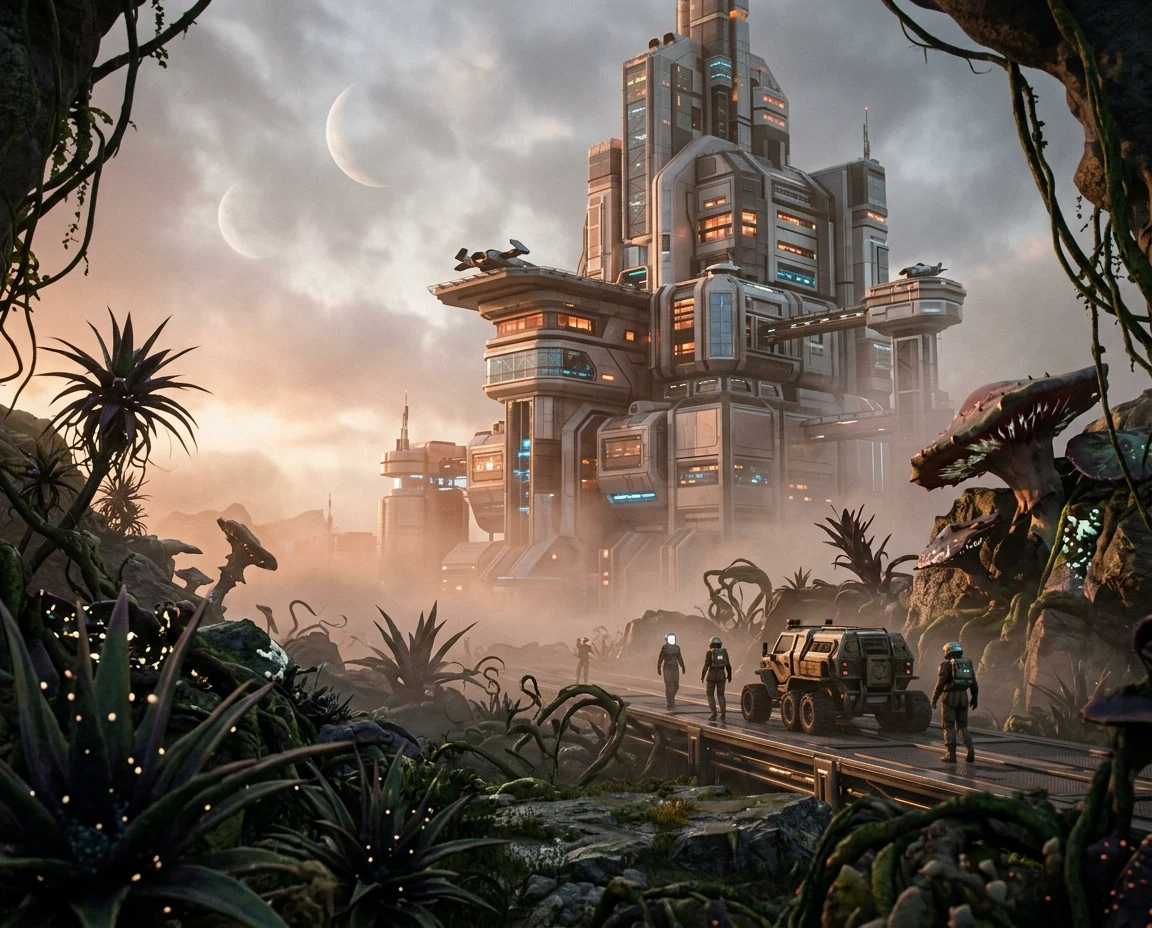 A human colony on an unknown planet, a huge futuristic building, surrounded by hostile flora, futuristic, morning fog, volumetric warm light, realistic, super detailed,shallow…