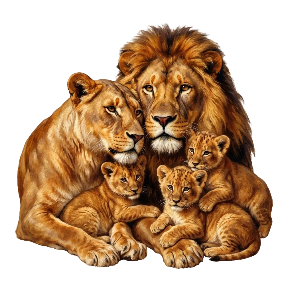 Draw a touching scene: a lion family, closely pressed against each other, conveys a sense of love, understanding, warmth, and affection. In the center, there is a male lion,…