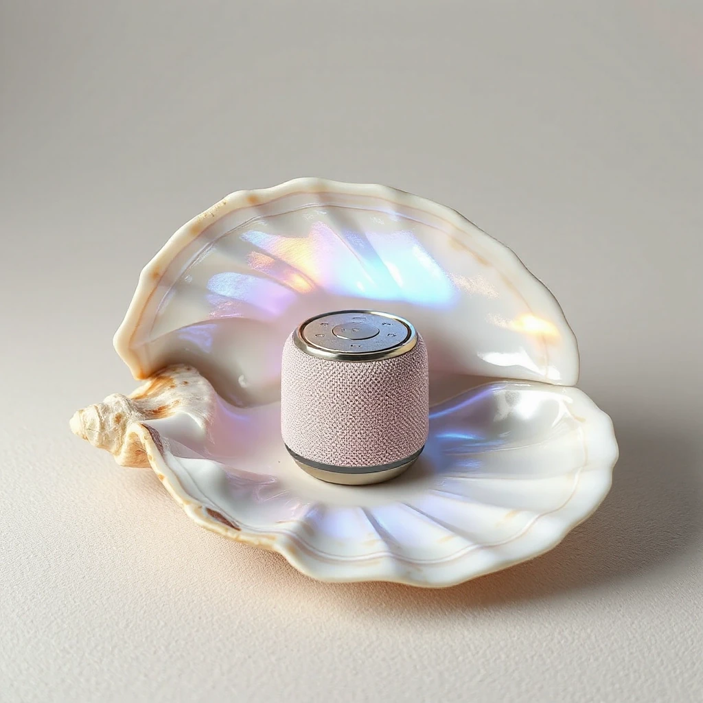 A creative gadget concept. An open seashell, approximately 30cm in size, made of textured mother-of-pearl, lying on a soft surface. Inside the shell, nestled comfortably like a…