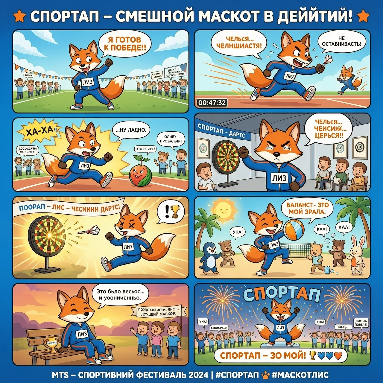 Смотри, мне надо для участия в организации МТС, ежегодня проходят спортивные соревнования под названием Спортап. Вот Промт: Придумай короткий комикс о приключениях маскота…