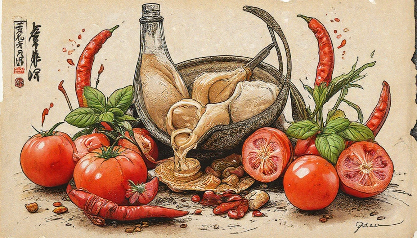 Фронтальный вид старая бумага. Tomatos, basilik, chilli peppers, пряности, специи. — работа пользователя Многоцветная Прозрачность
