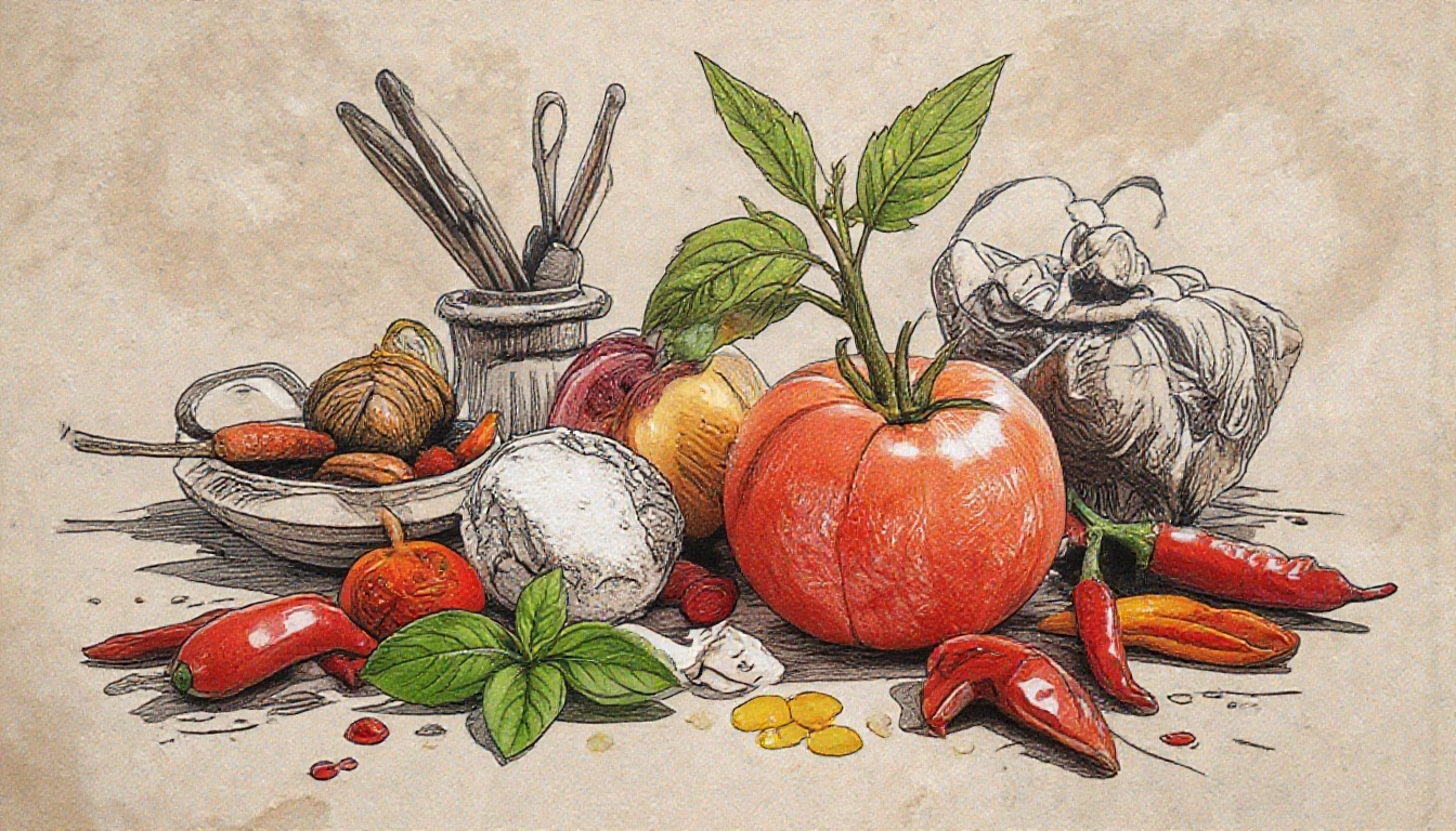 Фронтальный вид старая бумага. Tomatos, basilik, chilli peppers, пряности, специи. — работа пользователя Многоцветная Прозрачность