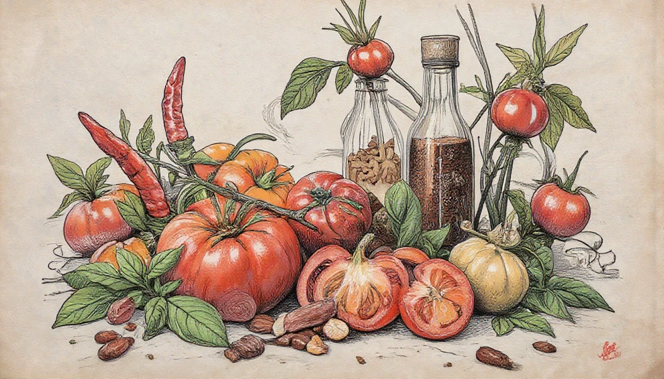 Фронтальный вид старая бумага. Tomatos, basilik, chilli peppers, пряности, специи. — работа пользователя Многоцветная Прозрачность
