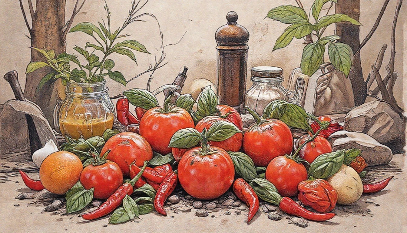 Фронтальный вид старая бумага. Tomatos, basilik, chilli peppers, пряности, специи. — работа пользователя Многоцветная Прозрачность