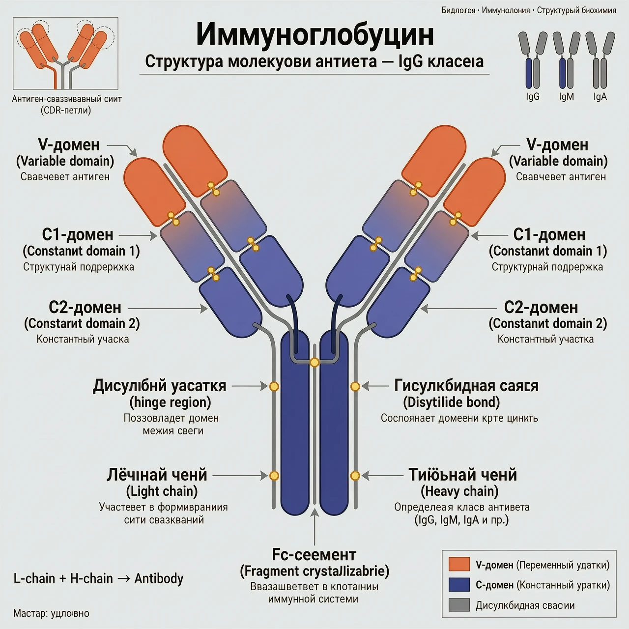 Схема белка, где V- и C-участки выделены контрастными цветами. Иммуноглобулин на руском — работа пользователя Духовный Гном