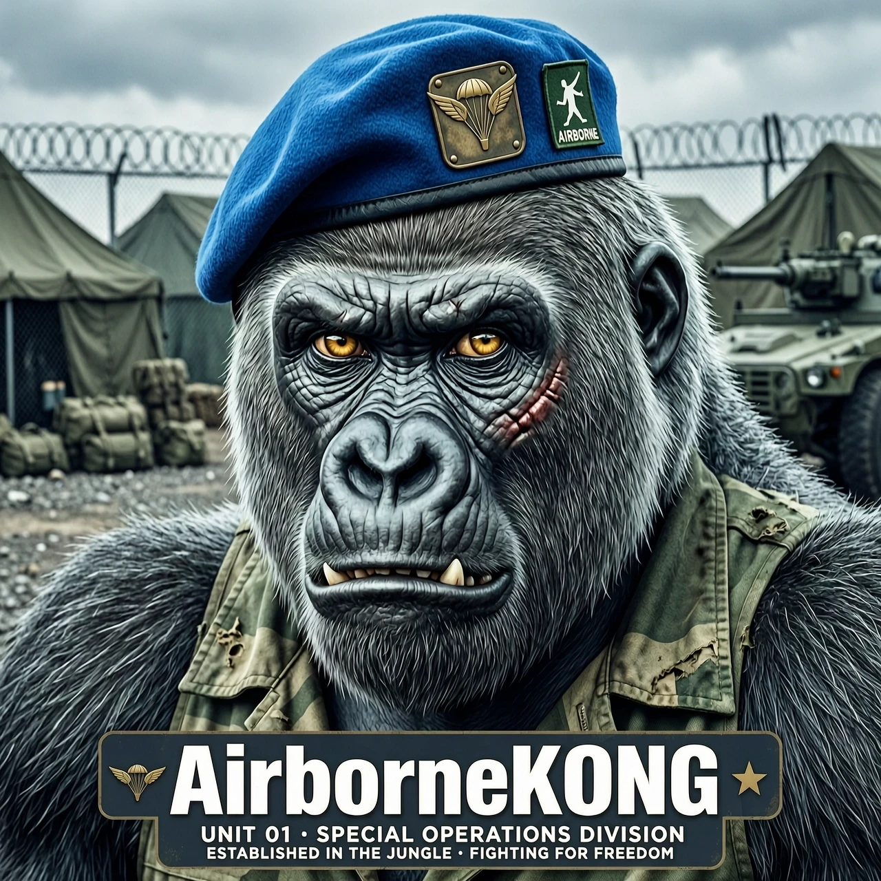 A cinematic close-up portrait of a fierce gorilla soldier wearing a blue paratrooper beret and a striped military undershirt. Aggressive expression, detailed fur, and battle…