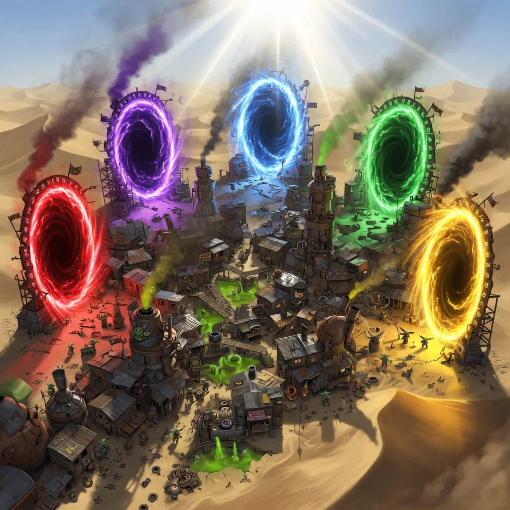 A sprawling, chaotic goblin settlement inspired by Gadgetzan from World of Warcraft, characterized by makeshift scrap-metal architecture, rickety wooden scaffolding, and…
