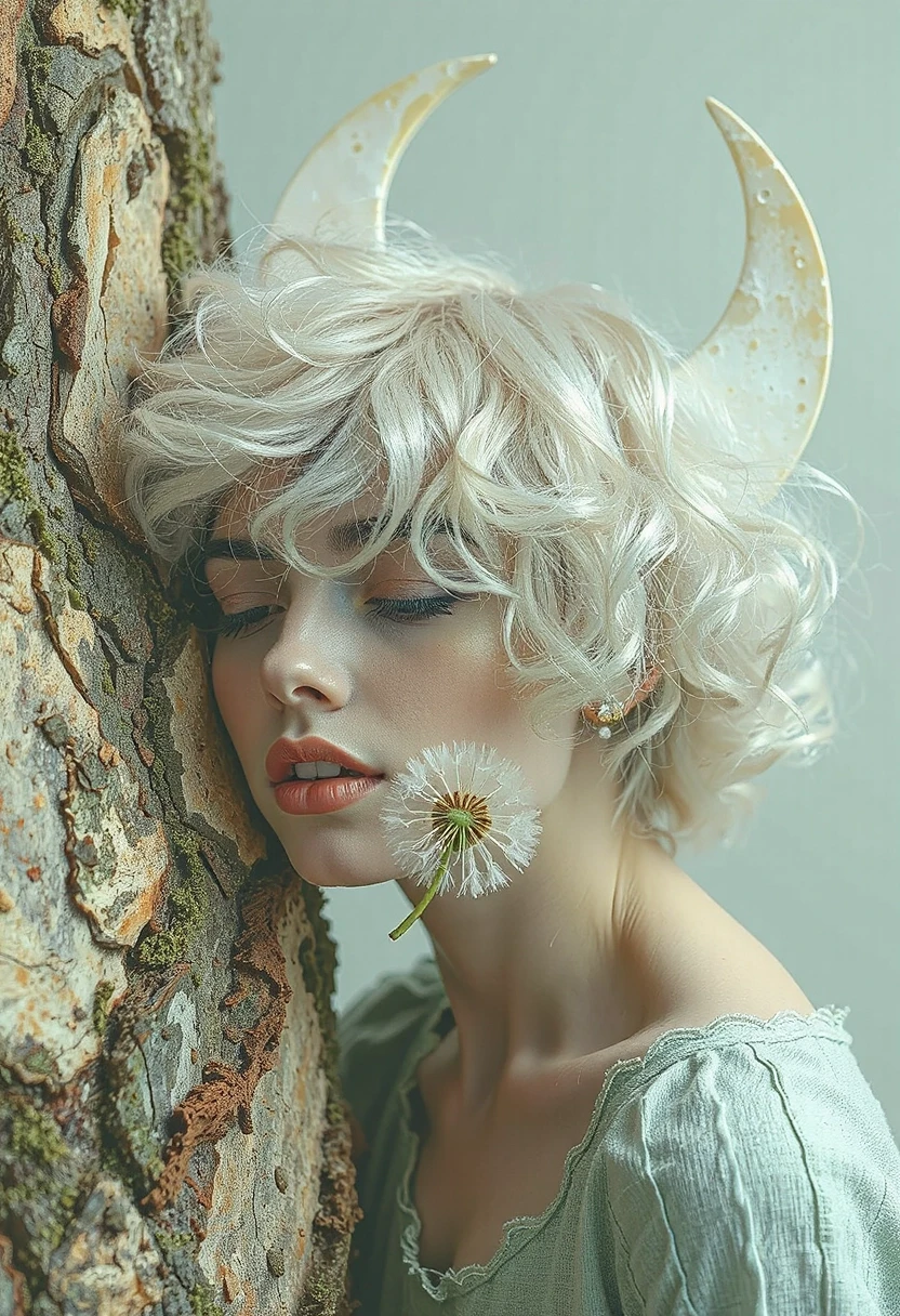 Description: Photorealistic detailed concept art in a minimalist style, various textures, stone and bark, aesthetic, attractive white albino woman looking down, mint lips,…
