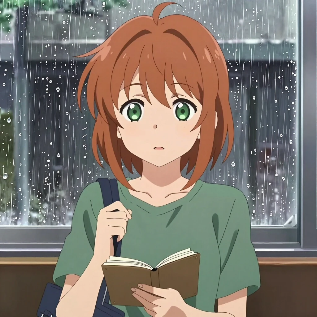 Anime-style portrait, medium close-up, modern Japanese animation style. A young girl with short, slightly tousled chestnut hair and calm green eyes. She’s in a hurry but not…