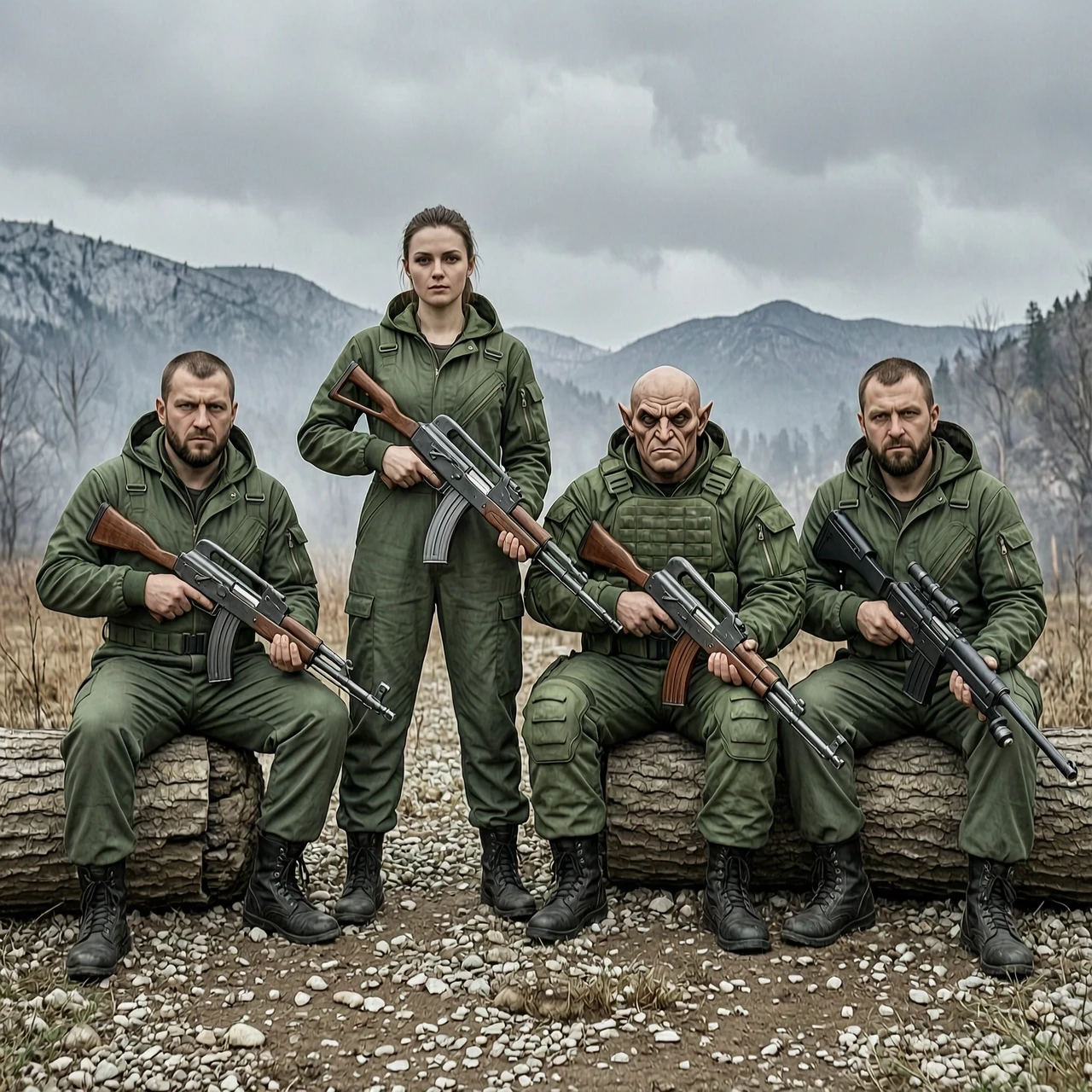 Изображение по вселенной сталкер Изобразить группу из четырех человек-сталкеров. Лидер группы стоит в центре - девушка по прозвищу Валькирия, вооружена АС Вал, одета в зеленый…