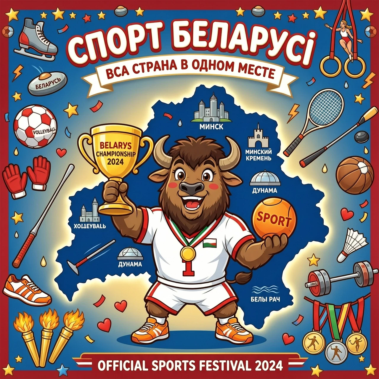Разные элементы спорта с инвентарем. Зубр в спортивной форме по центру на фоне контура Беларуси в стиле дисней — работа пользователя Волшебный Рассвет