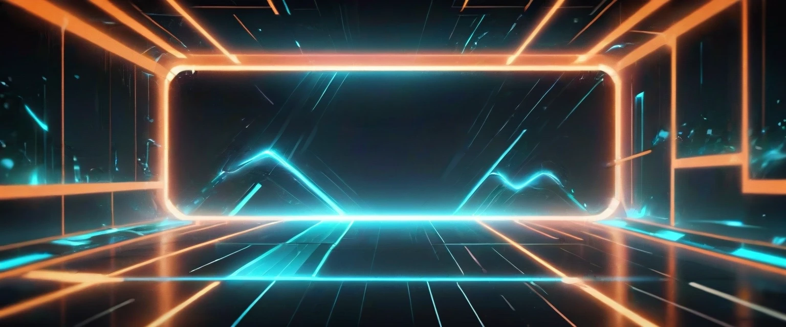 Futuristic sci-fi banner background, dark digital space, glowing neon orange and cyan geometric grid lines, Tron aesthetic, subtle tech particles, cinematic lighting,…