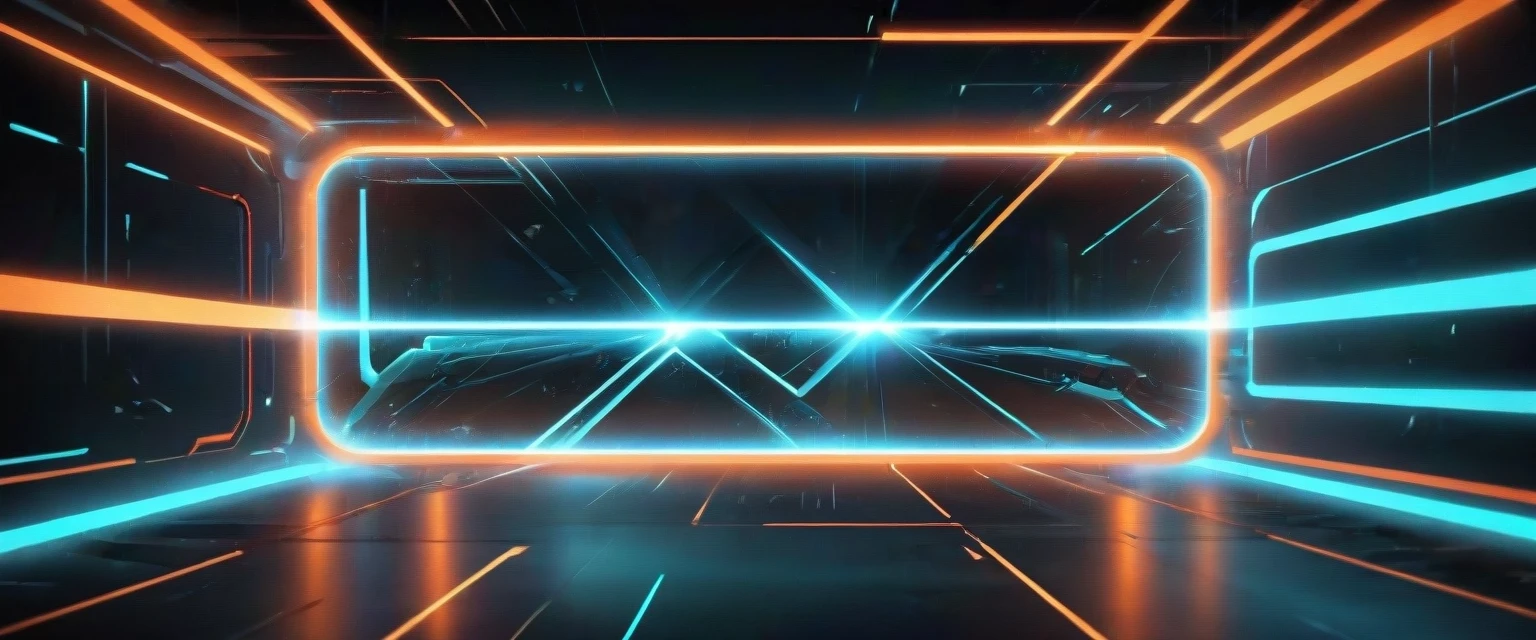 Futuristic sci-fi banner background, dark digital space, glowing neon orange and cyan geometric grid lines, Tron aesthetic, subtle tech particles, cinematic lighting,…