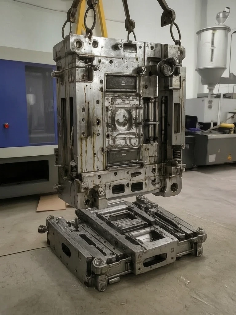 This mold should be shown suspended from a hoist; replace the object in the first image with the mold from the second image. The upper section of the mold is mounted on…