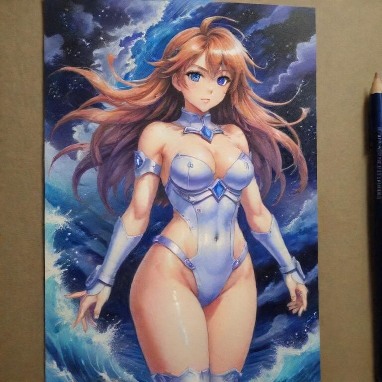 Neptunia-woman, full height, (style Hyperdimension Neptunia: 1,2),open torso, blue storm background — работа пользователя Новаторская Симметрия