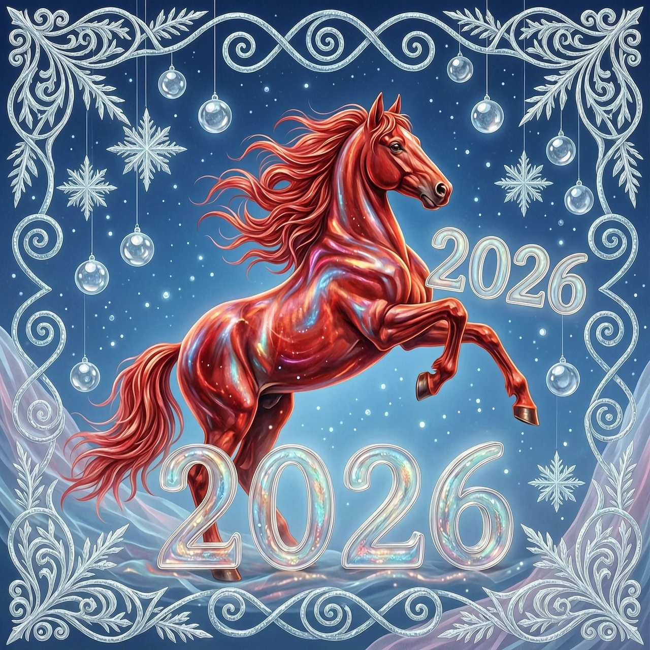 In the double exposure style. An ephemeral mythical creature in the form of a beautiful scarlet fiery horse with a long wavy mane collects the word "2026" from glass…