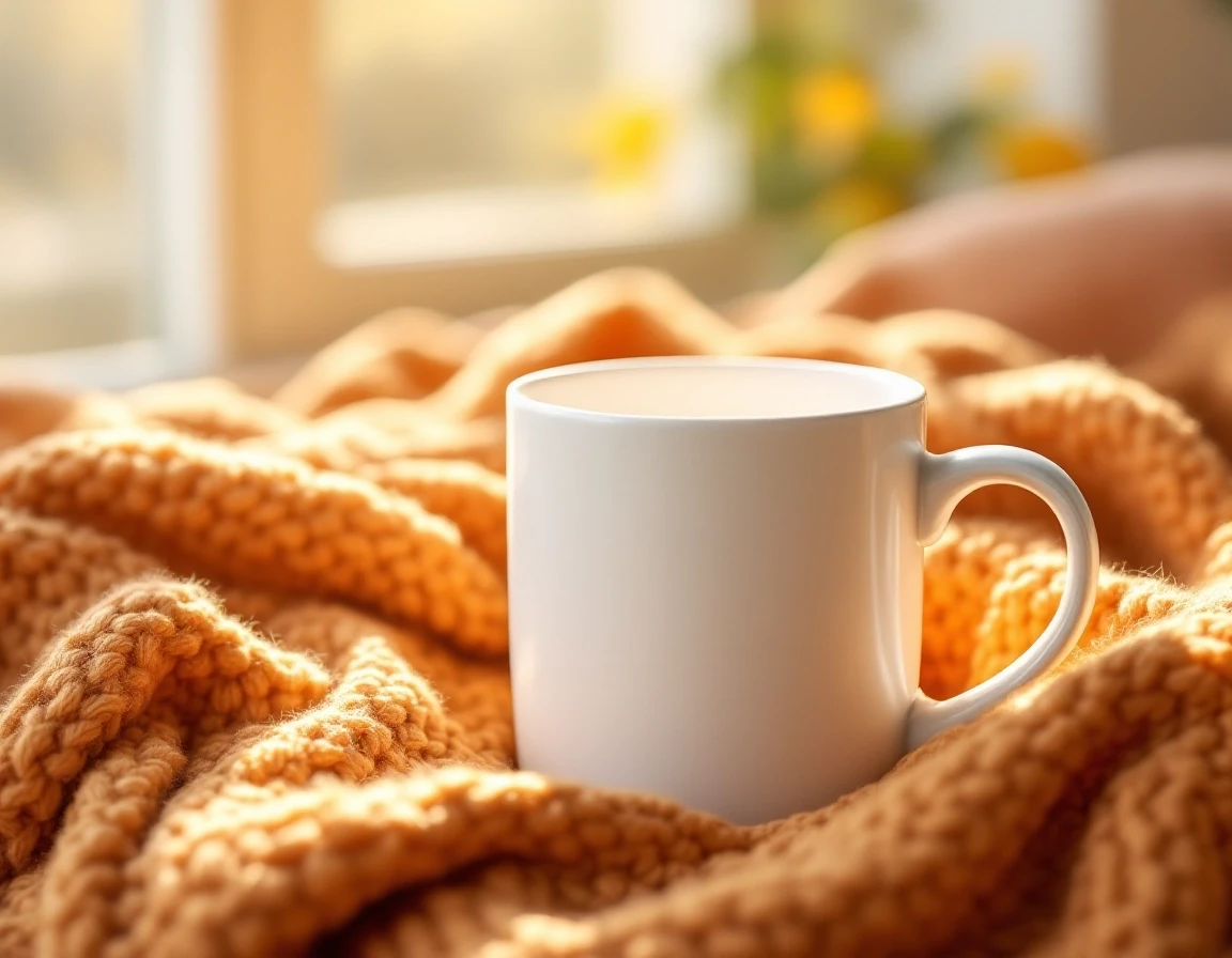 Prompt: Close-up product photography of a blank, matte white ceramic mug resting on a chunky rust-orange knitted blanket. Soft autumn sunlight streaming through a window,…
