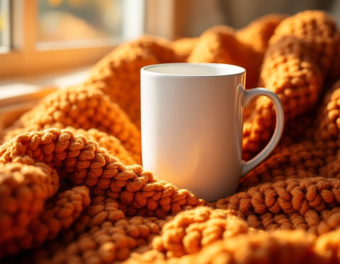 Prompt: Close-up product photography of a blank, matte white ceramic mug resting on a chunky rust-orange knitted blanket. Soft autumn sunlight streaming through a window,…