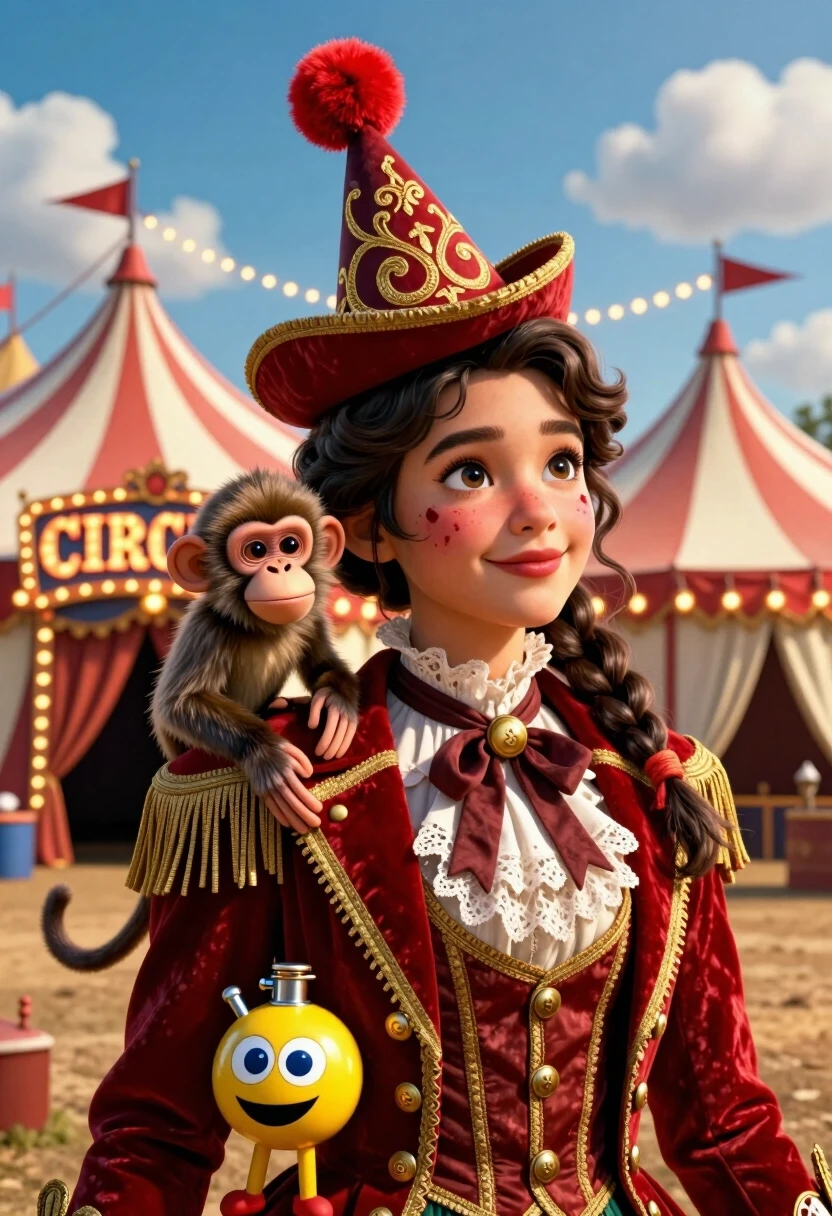 Create a cinematic, photorealistic 3D illustration in the style of a frame from a high‑budget circus film — a close‑up of a young performer against the backdrop of the main…