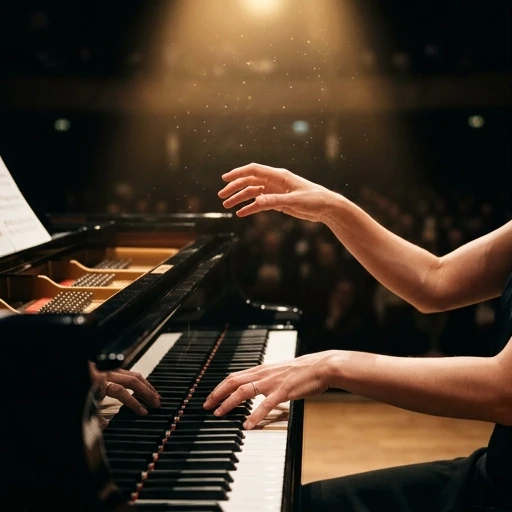 Photorealistic close-up of a pianist's hands performing on a grand piano on a dark concert stage. The hands are gracefully pressing the keys, with one hand raised in a…