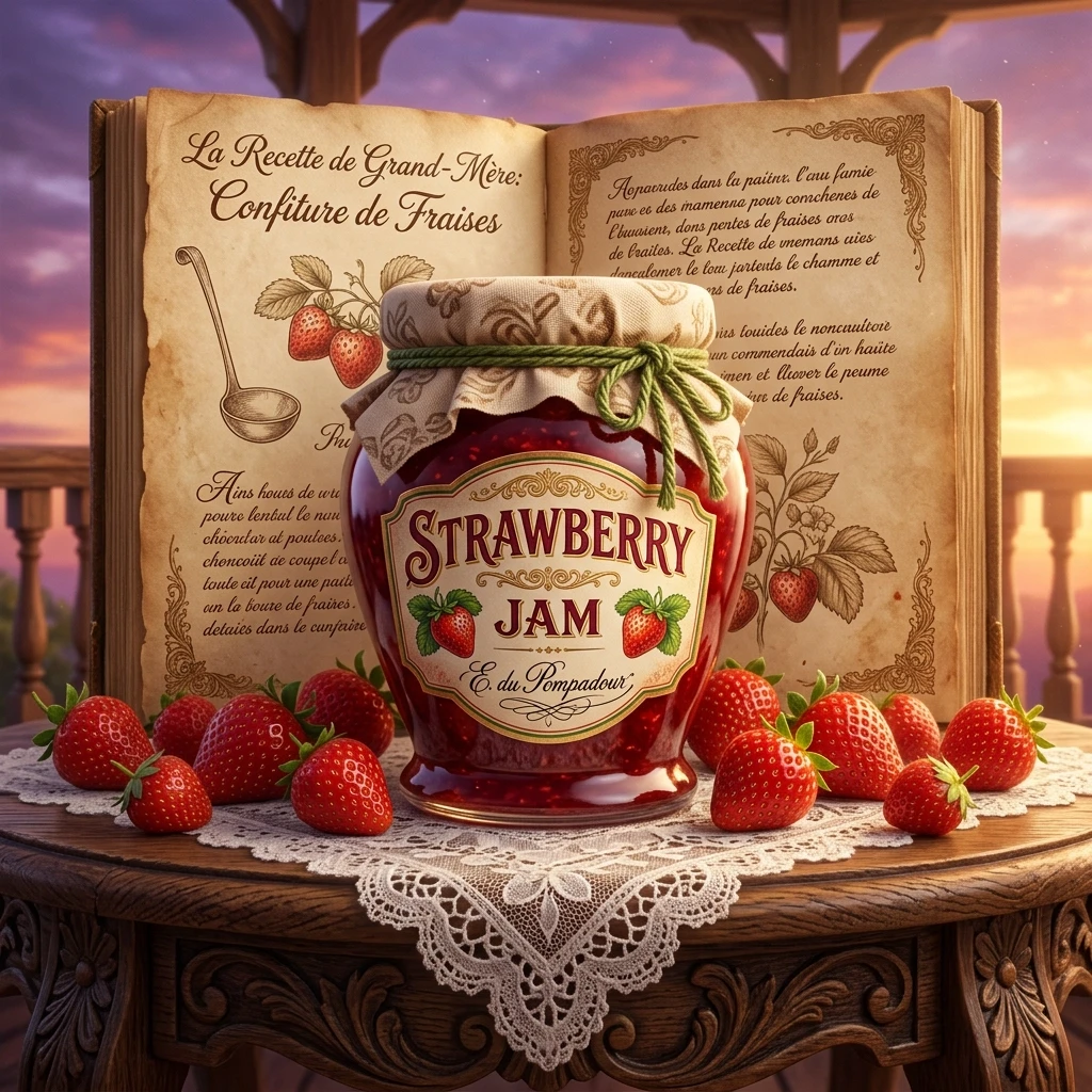 In the center of the composition is a large glass jar with jam. It has a characteristic shape: a wide bottom and a tapering neck. The jar is covered with a beige cloth lid,…