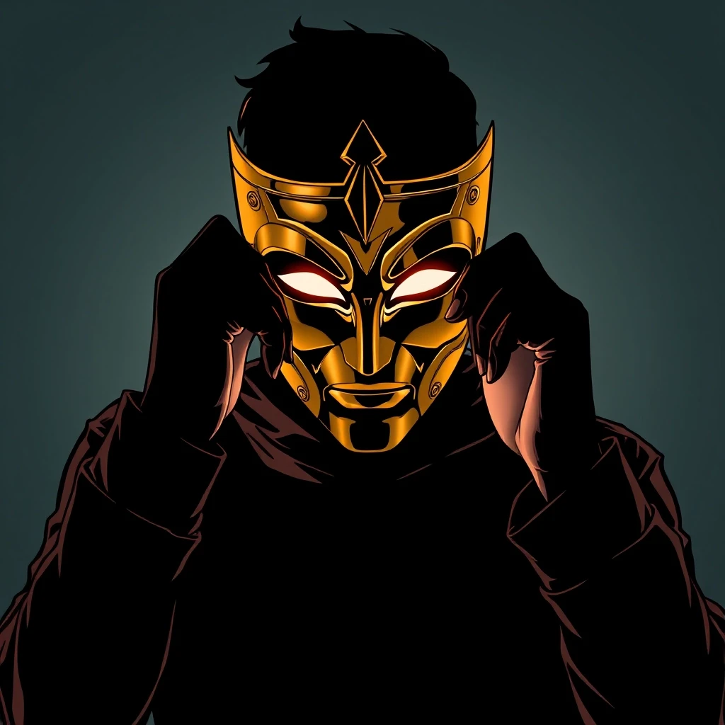 A human silhouette removing a golden mask, revealing a bright face underneath, comic book style with cinematic dramatic lighting, dark graphic novel aesthetic, bold black…