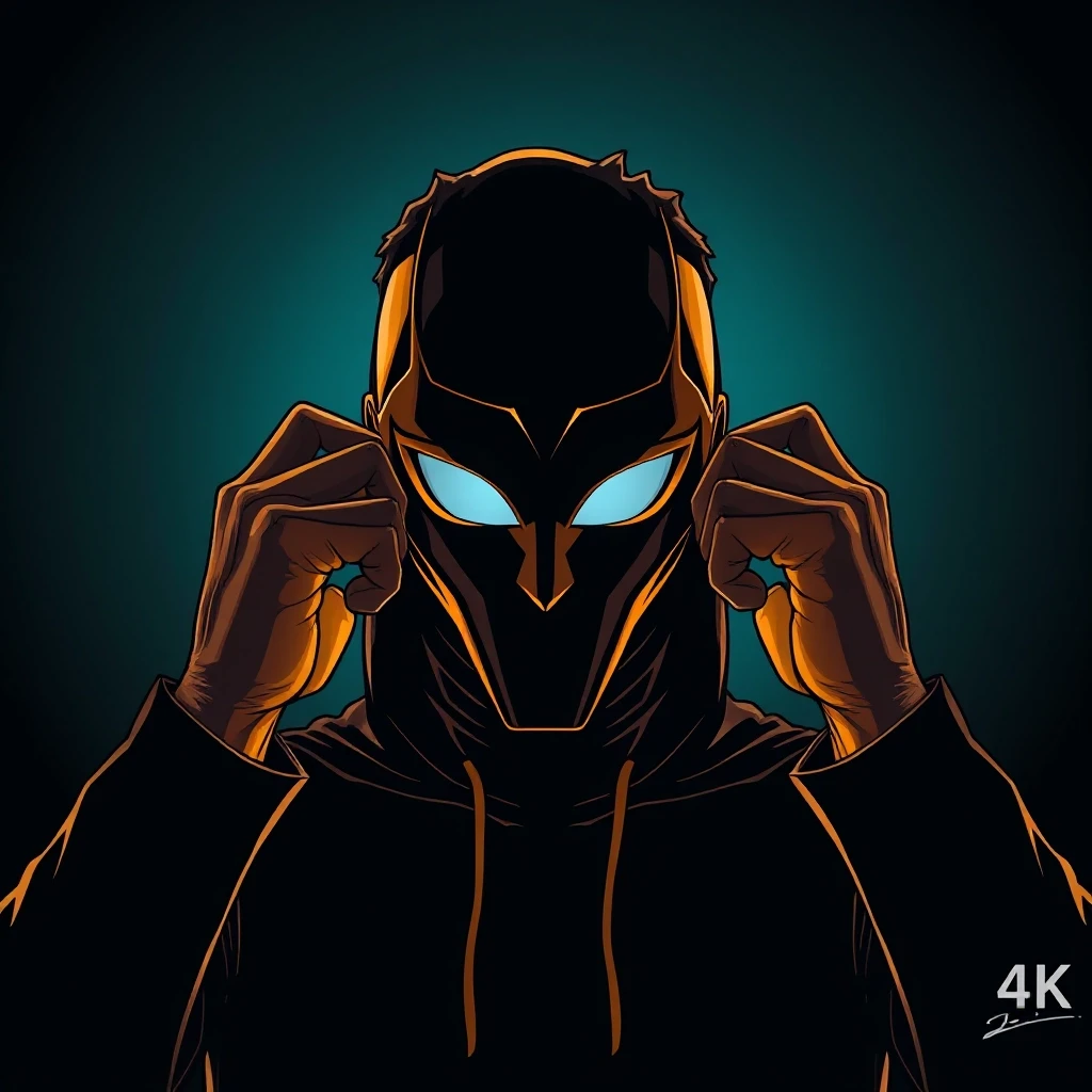 A human silhouette removing a golden mask, revealing a bright face underneath, comic book style with cinematic dramatic lighting, dark graphic novel aesthetic, bold black…