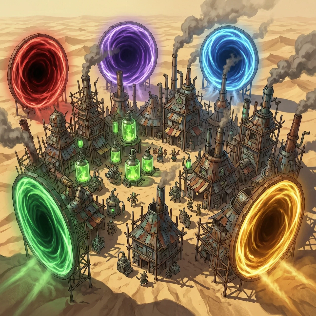 A sprawling, chaotic goblin settlement inspired by Gadgetzan from World of Warcraft, characterized by makeshift scrap-metal architecture, rickety wooden scaffolding, and…