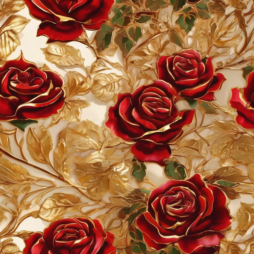 A digital image. Macro photography. A bouquet of red roses with dew on the petals. Gilding, gold, gold leaf, radiance. Golden patterns on the petals. Golden stem and leaves::…