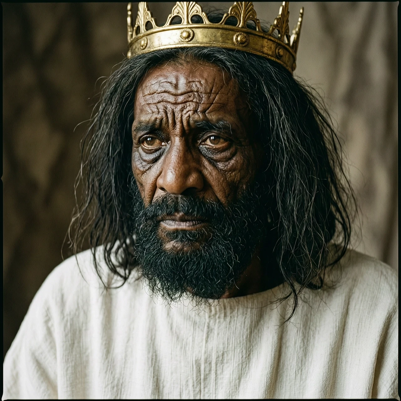 Cinematic close-up portrait of an elderly dark-skinned man with deeply weathered, wrinkled skin and a profound sense of exhaustion. He has a well-groomed but coarse black beard…