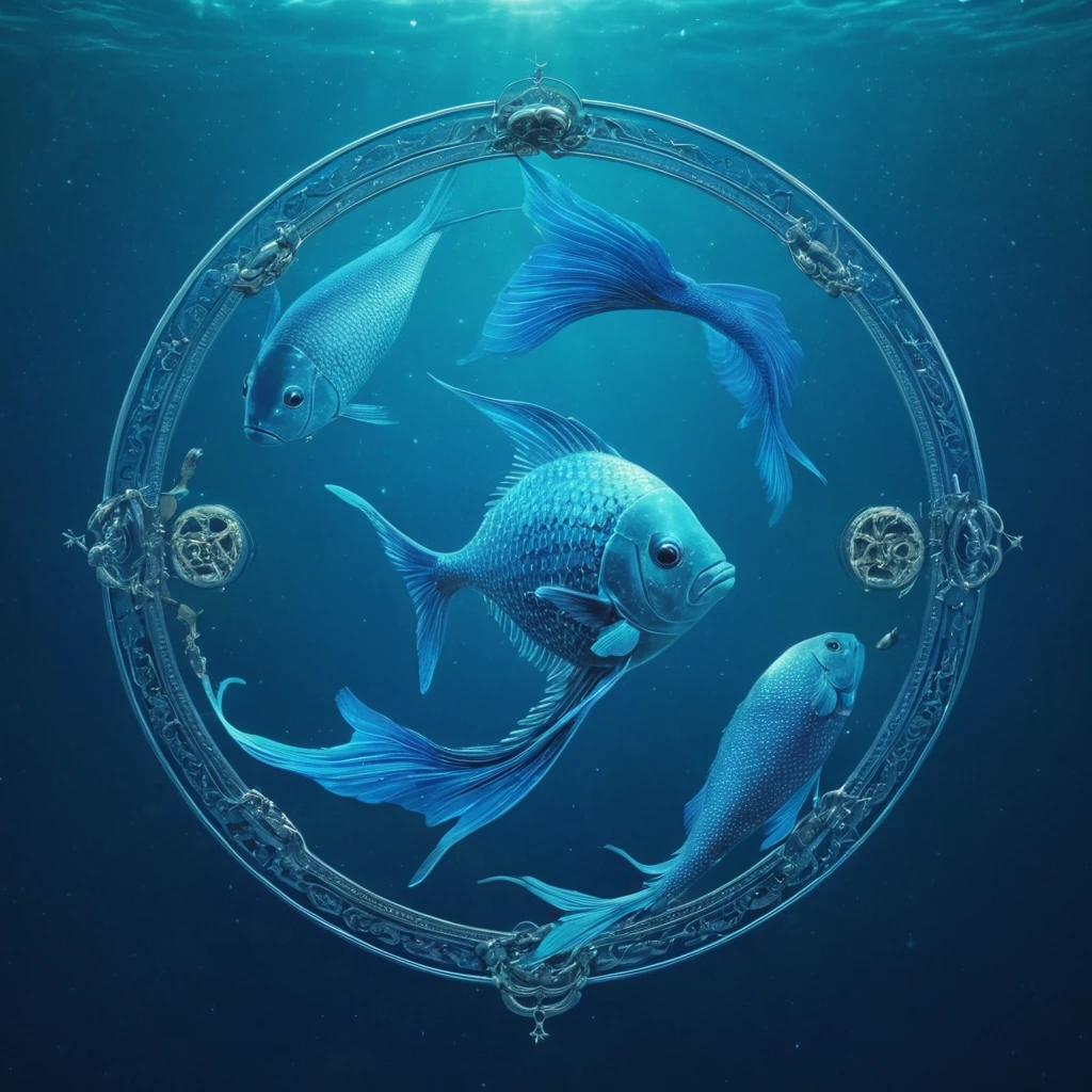 Pisces Zodiac Zign, the depiction is majestic and mysterious with blue colors prevalent, no people in the picture — работа пользователя Бескрайний Космос