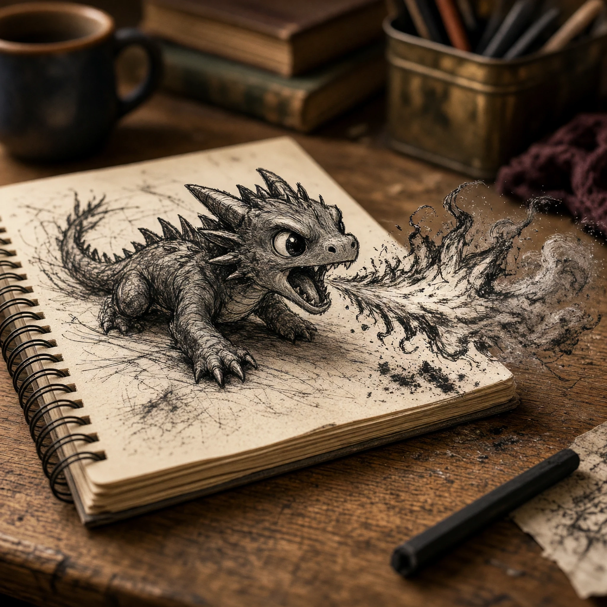 A highly detailed professional photograph of a cozy cluttered wooden desk. A tiny chibi dragon, hand-drawn onto a real paper notebook in rough smudged charcoal pencil, has…