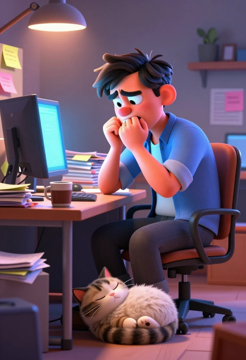 A high-end 8k 3D stylized render in the style of Pixar. An adult man with a tired, anxious expression is sitting at a cluttered office desk in front of a glowing computer…