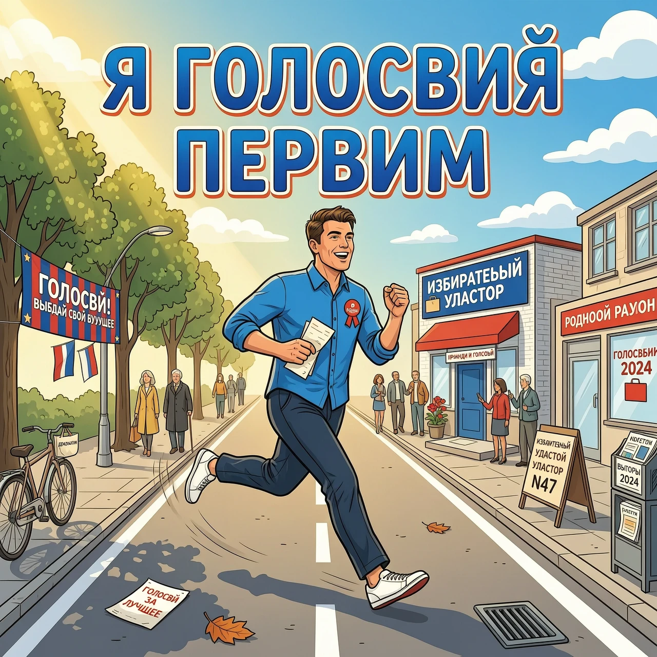 Create an illustration. On the street, there is a polling station. A man is running towards the polling station. Above the man is the inscription "I am voting first" —…