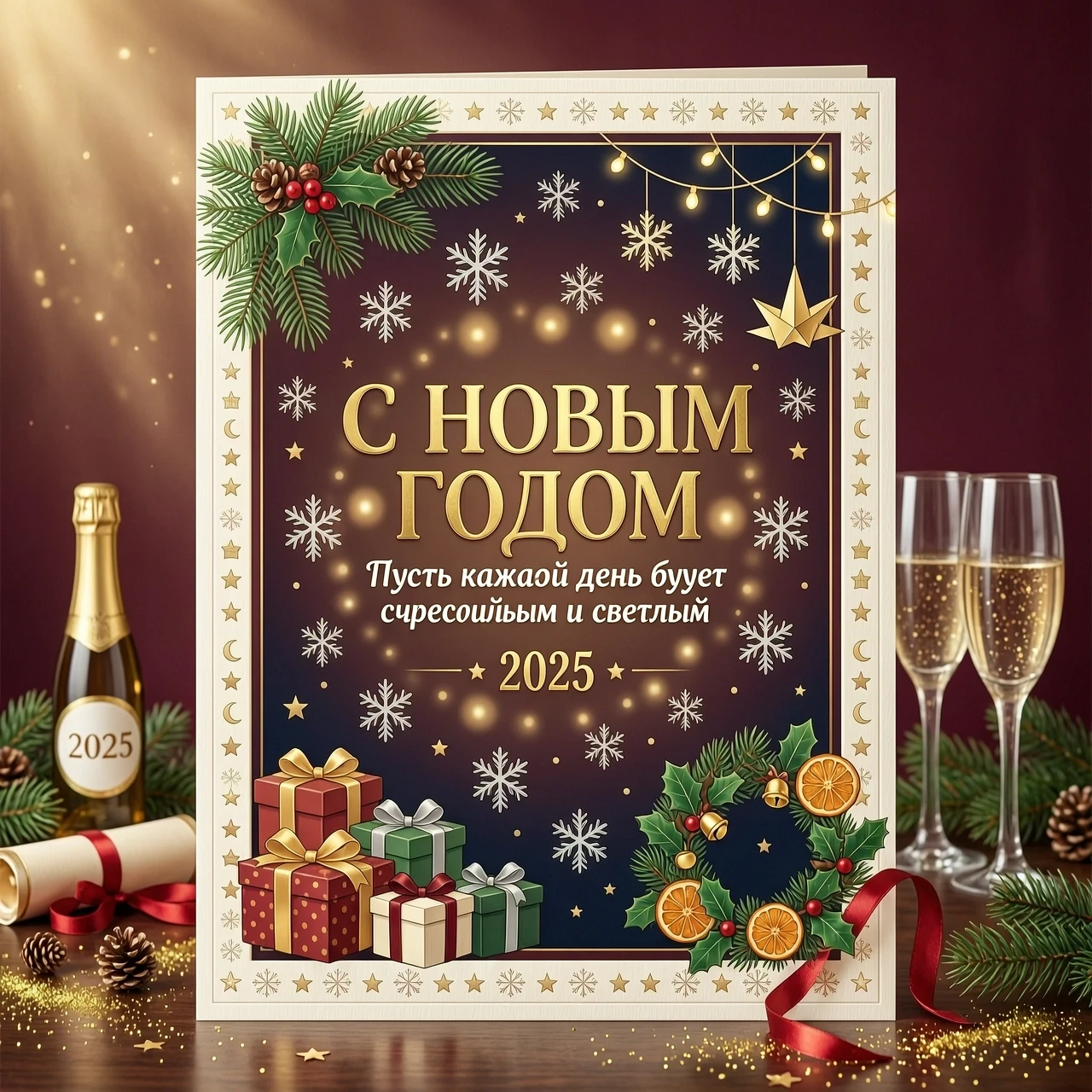 добавь на эту открытку текст "с новым годом" — работа пользователя Легендарная Оракул