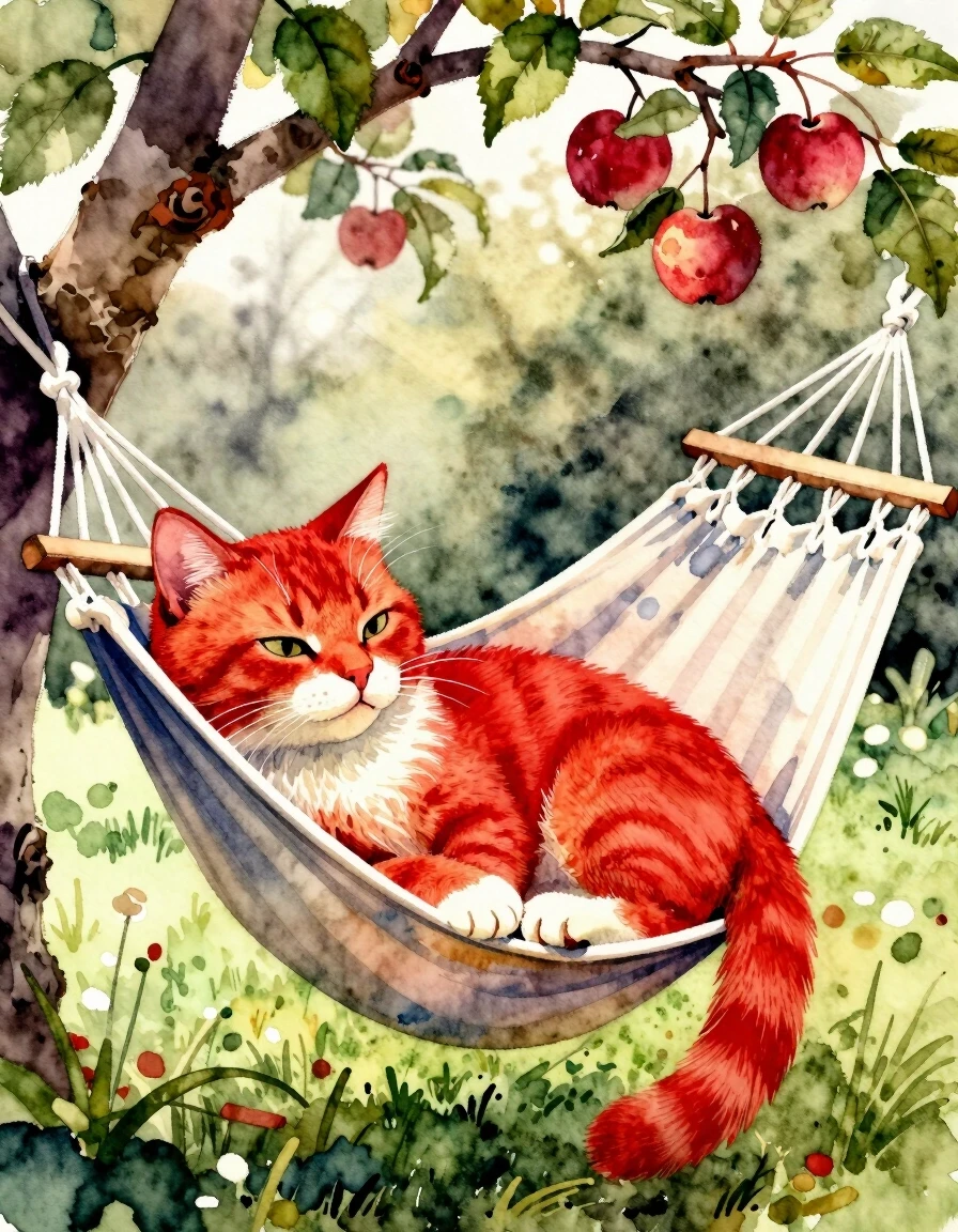 A masterpiece. Create an image. Watercolor painting style: ((Beautiful red cat):1.6 dozing in a hammock under the apple trees in the garden):1.6, clear edges, clear textures,…