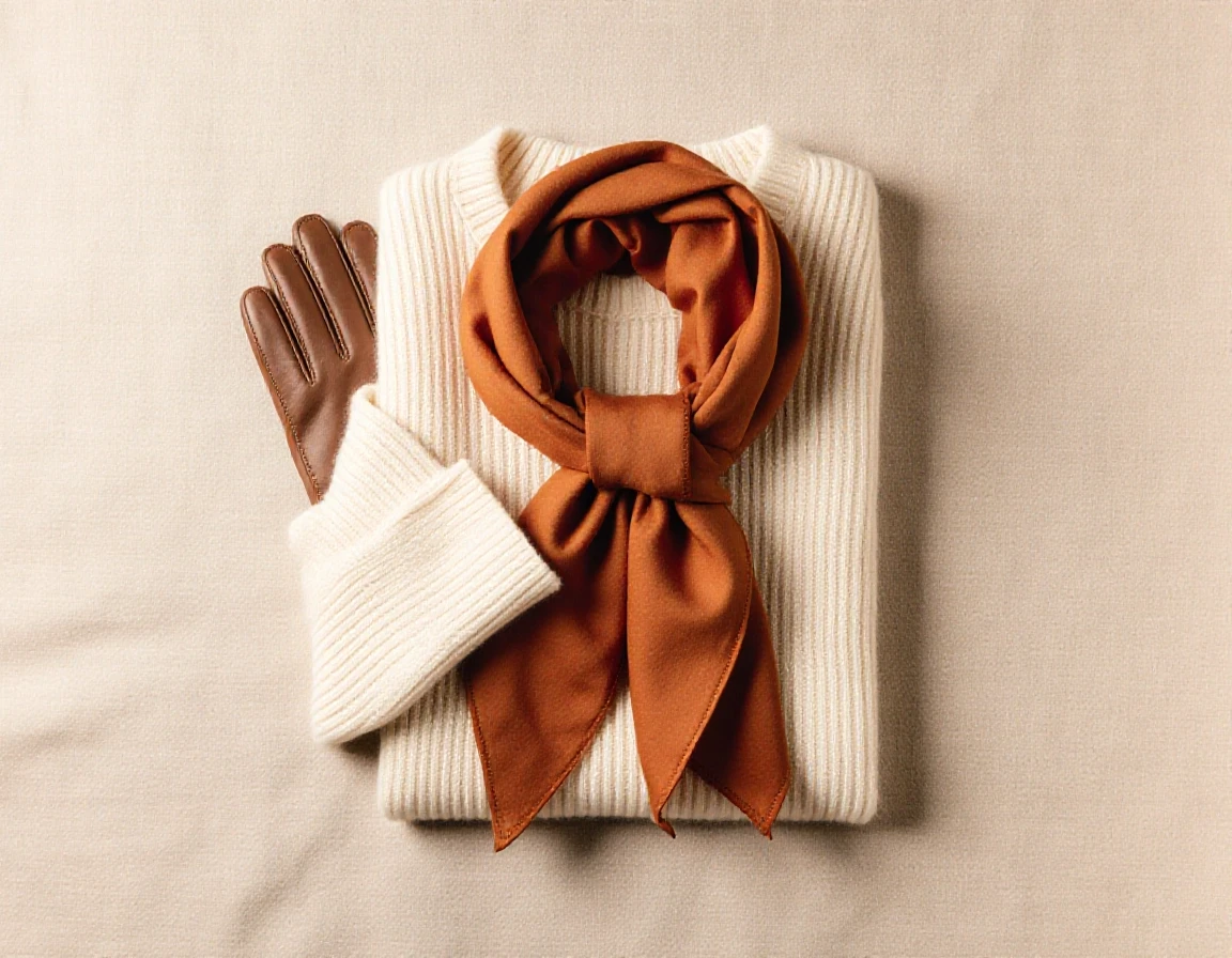 Elegant flat lay of a minimalist autumn capsule wardrobe. A folded cream cashmere sweater, a rust-orange silk scarf, and a pair of brown leather gloves. Arranged neatly on a…