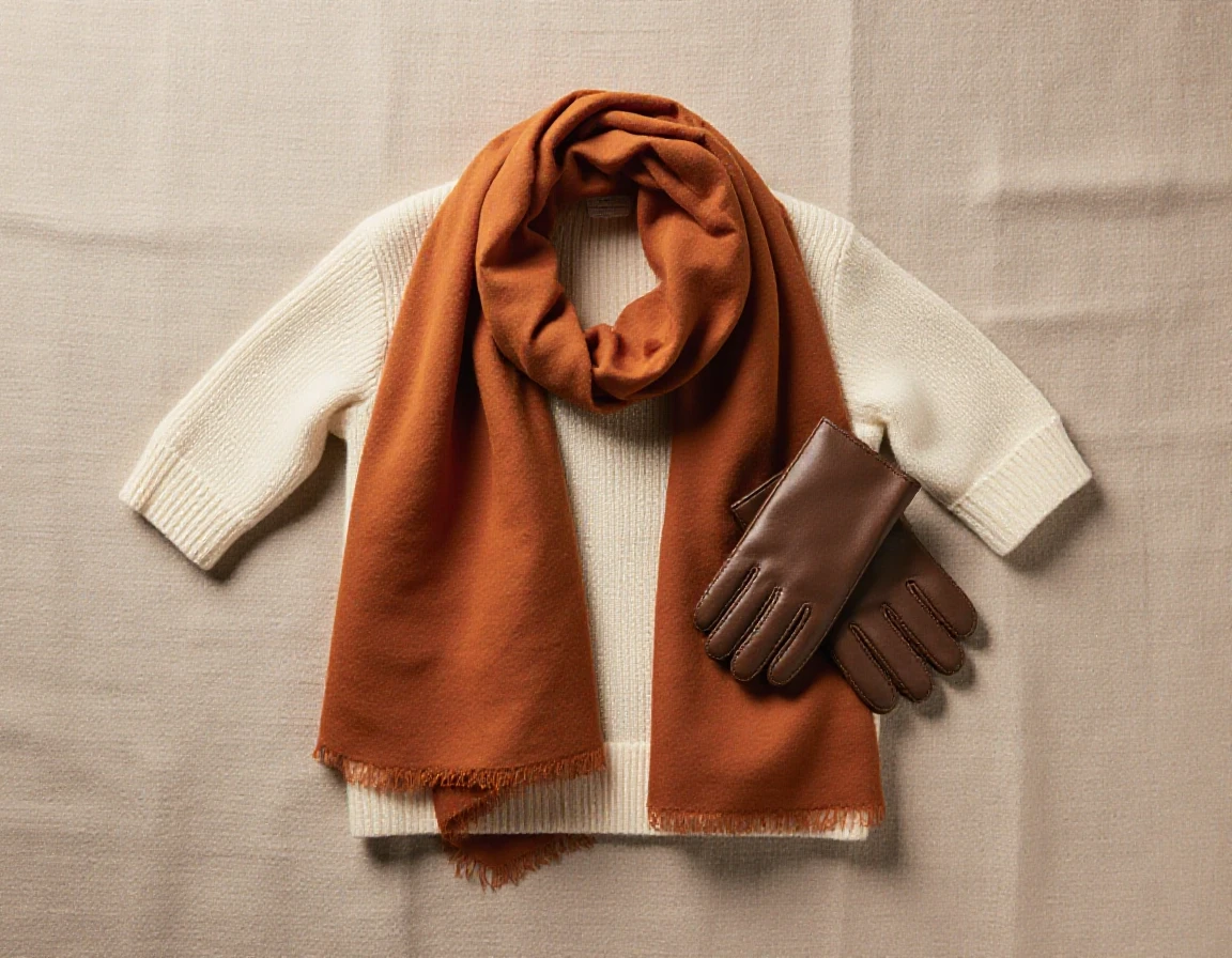 Elegant flat lay of a minimalist autumn capsule wardrobe. A folded cream cashmere sweater, a rust-orange silk scarf, and a pair of brown leather gloves. Arranged neatly on a…