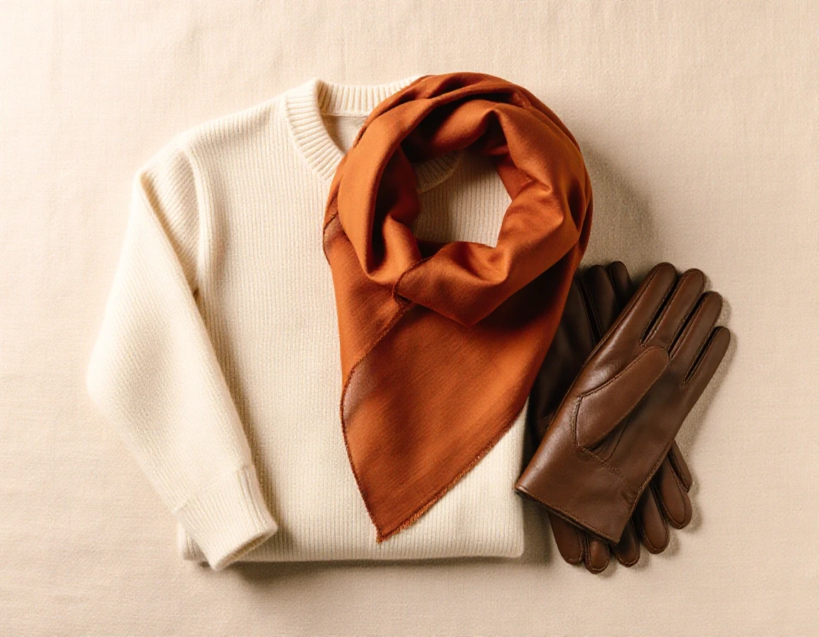 Elegant flat lay of a minimalist autumn capsule wardrobe. A folded cream cashmere sweater, a rust-orange silk scarf, and a pair of brown leather gloves. Arranged neatly on a…