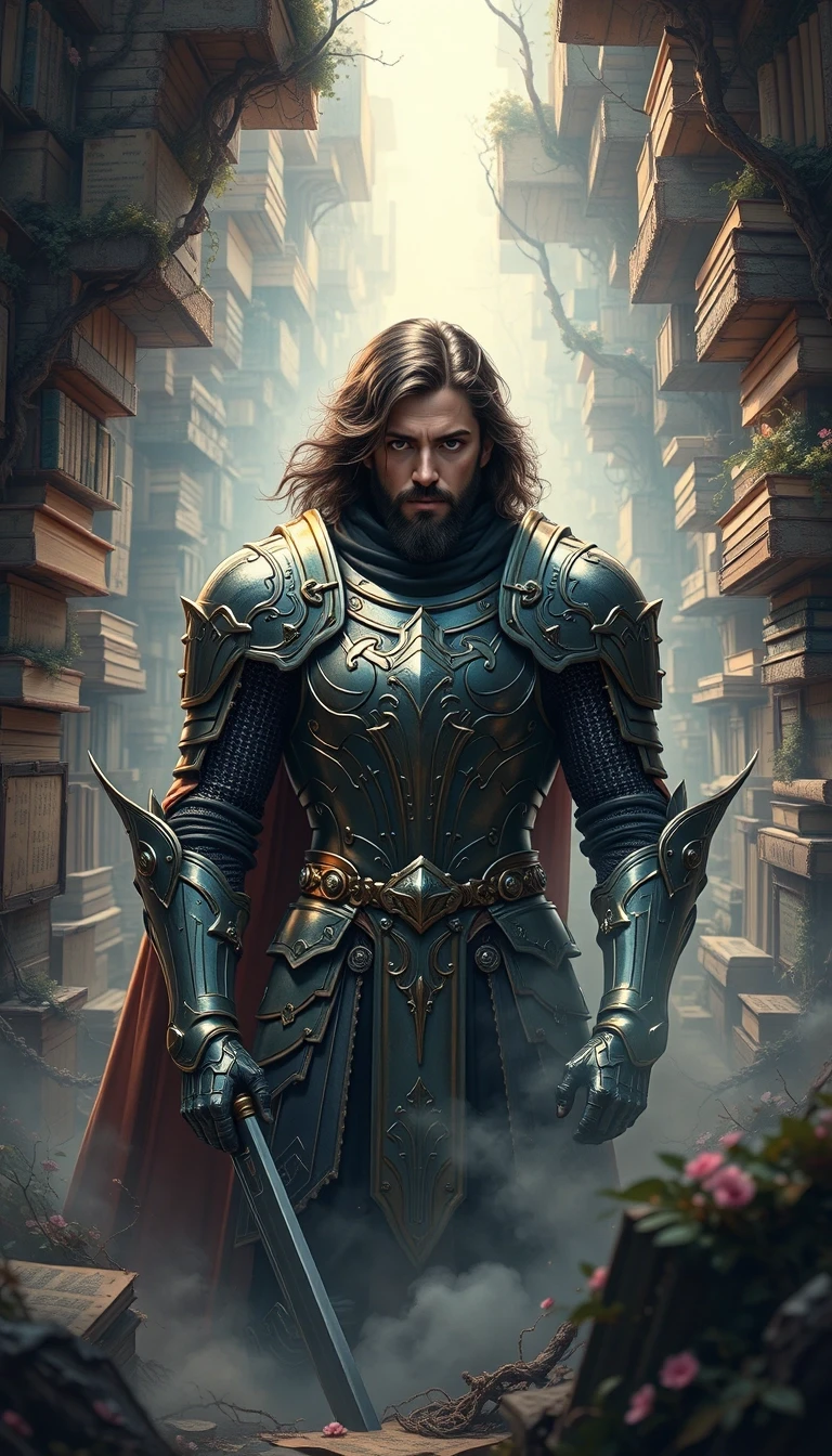 A fantasy digital illustration of a man knight in ornate armor, set in a dreamy ethereal book-labyrinth. — работа пользователя Быстрая Струна