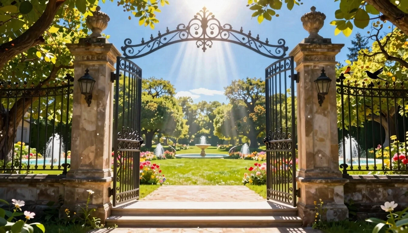 Light, forged gates. Light streams from behind the gates. Beyond the gates is a sunny meadow, blue sky, fruit trees, birds, flowers, fountains. Everything is permeated with…