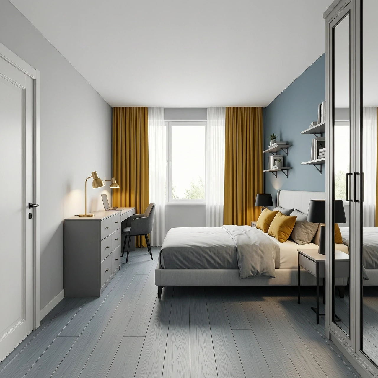 Interior design of a rectangular 11 sqm bedroom, view from the entrance door. Room size 3.9m width x 3.0m depth, ceiling height 2.7m. Upon entering, on the left is a small…